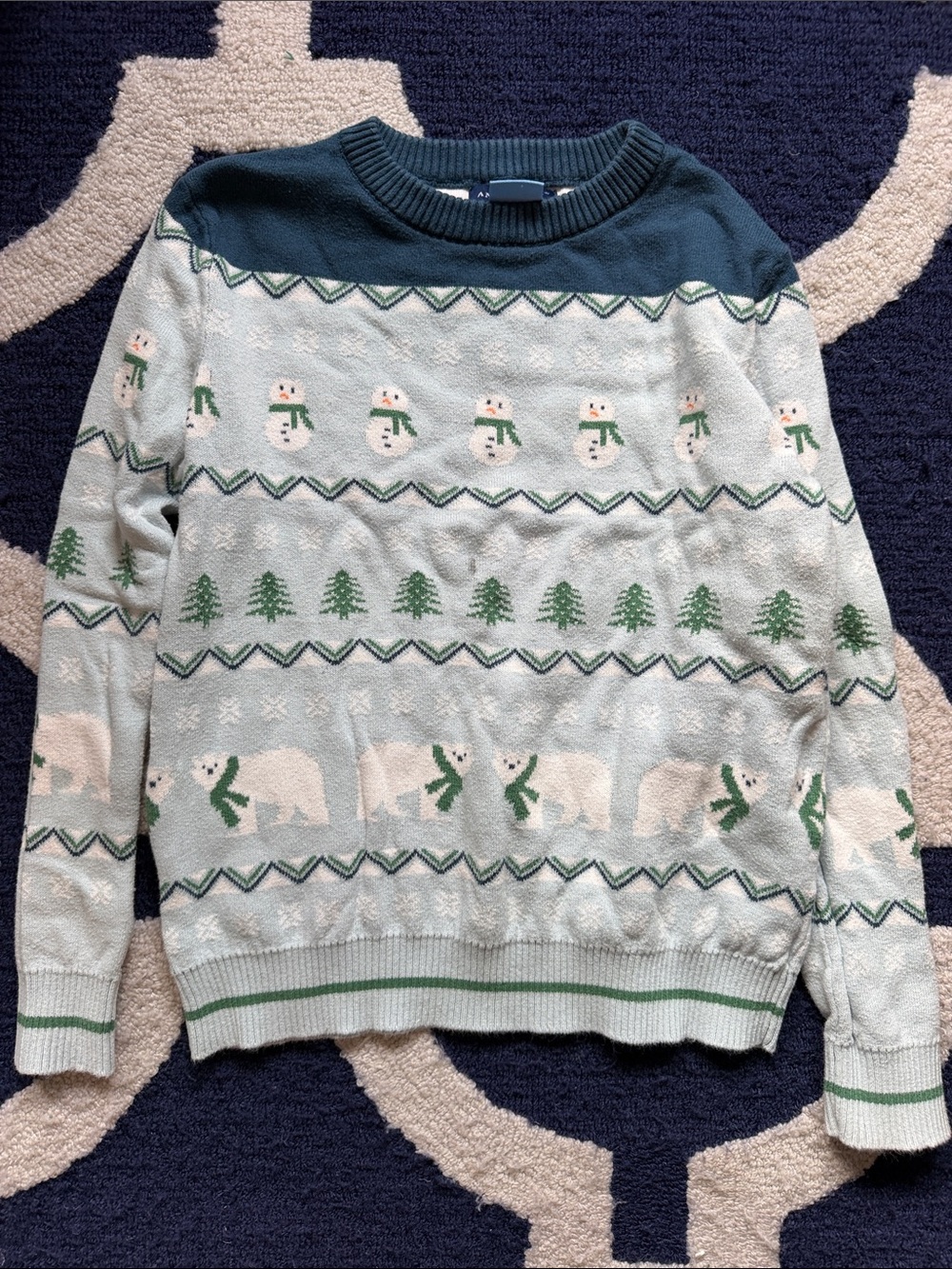Andy & Evan Light Blue Crewneck Sweater with Green Accents & Polar Bear Pattern